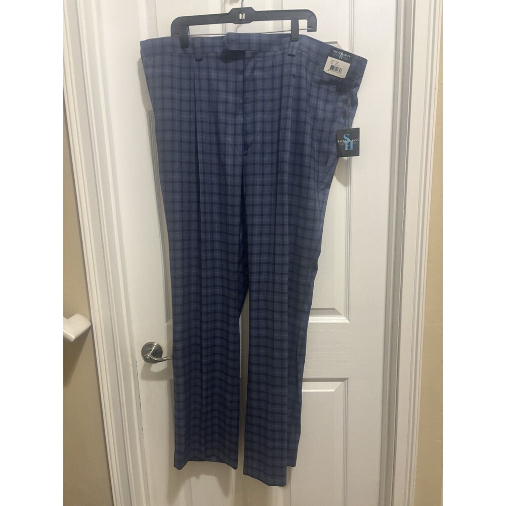 NWT STEVE HARVEY Collection Dress Pants Mens Blue Plaid Slacks 46x34 New